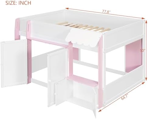 Bellemave Full Size Low loft Bed for Kids,Wood Modern Farmhouse Full Loft Bed with Storage Cabinets, No Box Spring Needed, White+Pink