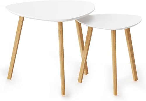 BAMEOS Bamboo Nesting Triangle End Table,Set of 2 Side Table Modern Minimalist Coffee Table for Living Room, Balcony in White