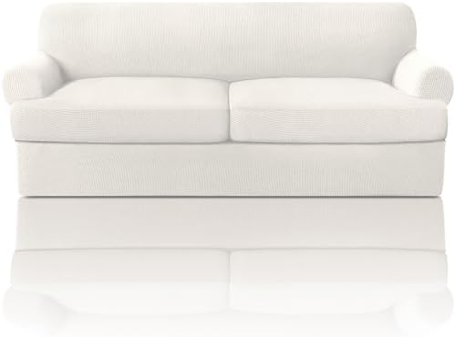 PrinceDeco T Cushion Sofa Slipcover 3 Pieces Sofa Covers for T Cushion Couch Soft Couch Covers Sofa Slip Cover Furniture Covers with 2 Individual T Shape Seat Covers Width Up to 88", Porcelain