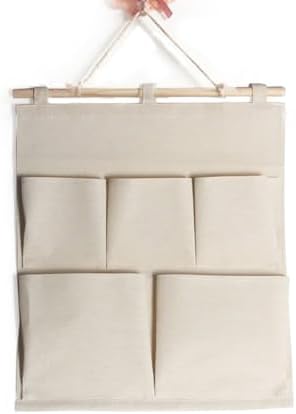 Co-link Linen/Cotton Fabric 5 Pockets Wall Door Closet Hanging Storage Bag Organizer,13.8" Wx 17.7" H (5 Pockets-Beige White)