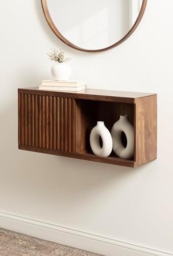 Kate and Laurel Furrow Modern Wooden Sliding Ribbed Door Wall Cabinet; 30 x 10 x 14; Black; Decorative Storage Cabinet with Sliding Door for Use as Floating Nightstand or Floating TV Shelf