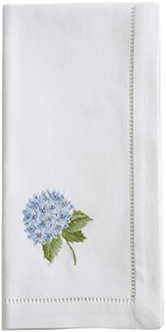 Handmade Blue Hydrangea Embroidery Napkin with Hemstitched Border (Set of 6)