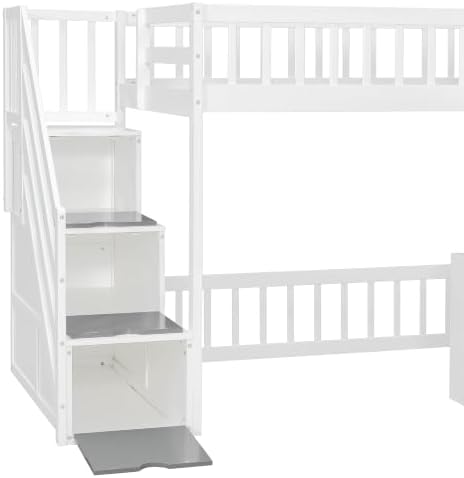 LUMISOL Twin Size Loft Bed with Storage Steps and Under Bed Cabinets, Playhouse Loft Bed Frame with LED Light, White+Gray