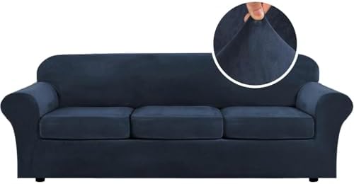 H.VERSAILTEX High Stretch Sofa Slipcover 4 Piece Cover Velvet Furniture Protector Form Fit Thick Velvet Extra Large Sofa Cover for 3 Cushion Couch Width Up to 97 Inch (Large Sofa, Navy)