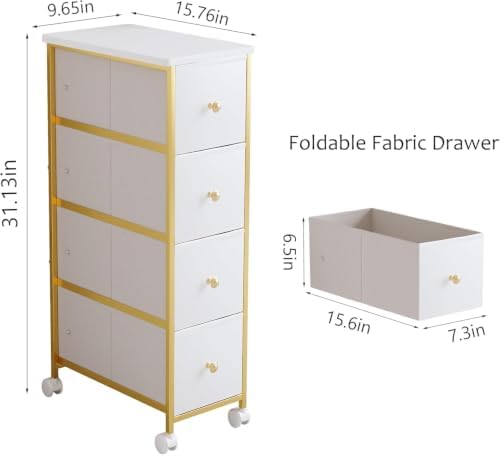 Narrow Side Table with 4 Fabric Drawer, Slim BedsideTable for Bedroom