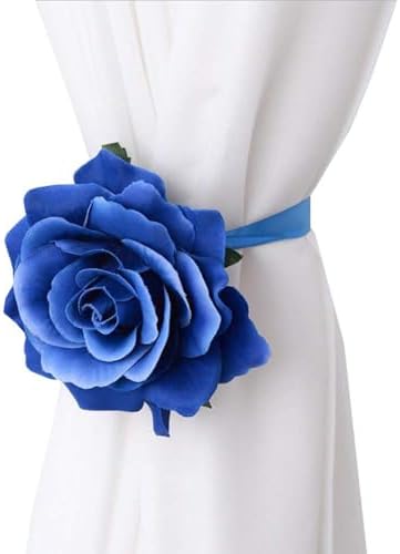 Magnetic Curtain Tiebacks, Rose Flower Tie Backs Rope for Curtains, Elegant 4 Pack Decorative Holdbacks Holders, Home Decor Thin or Sheer Window Drapries Bed Canopy (Blue)