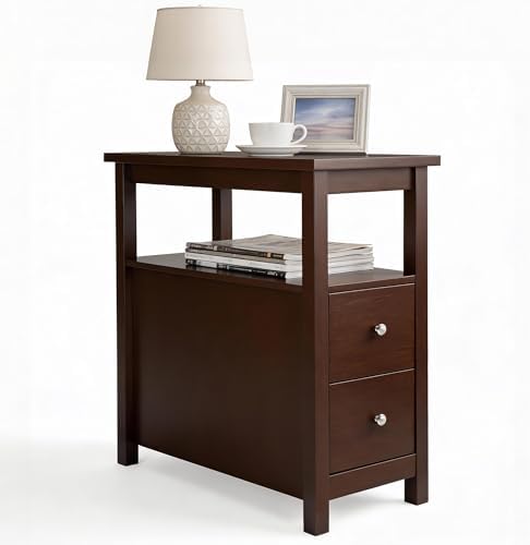 SUPER DEAL End Table with Drawers 3 Tier Narrow Side Table Wood Sofa Table for Living Room Bedroom Office Small Spaces, 23.6 x 24 inch Espresso