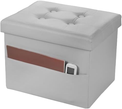Bsketa Storage Ottoman Bench,17 Inch Folding Leather Foot Rest Stool, Grey