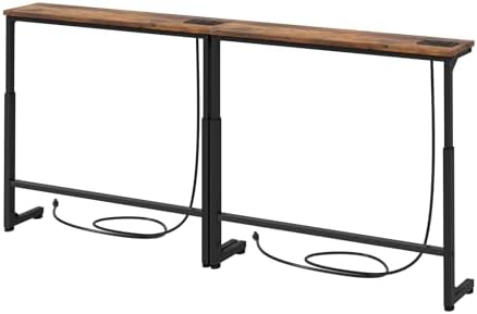 Kitstorack 70.8" Extra-Long Behind Couch Table, Height Adjustable Narrow Console Table with 2 Power Strips, Anti-Tip Wall Screws, Rustic Brown Finish, Split Design for Flexible Use