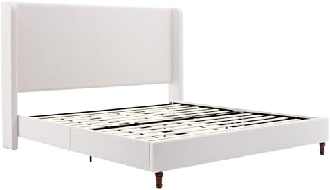 California King 54" Harper Tall Headboard Wingback Upholstered Bed Frame Premium Textured Canvas Elegant Simplicity for Bedroom Strong Wood Slats Support No Box Spring Needed No Noise Ivory