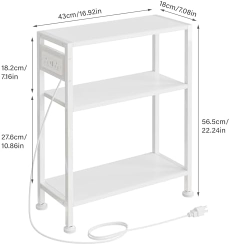 End Table with Charging Station, 3-Tier Side Table for Small Space, Skinny Nightstand with USB/Type C Port and 2 Outlets, Slim Sofa Beside Table for Living Room, Bedroom and Balcony, White