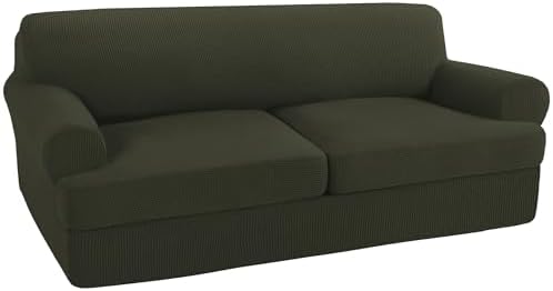 Turquoize 3 Piece T Cushion Sofa Slipcovers Stretch Couch Cover Furniture Covers with 2 Individual T Cushion Covers, Machine Washable (2 Cushion Sofa, Olive)