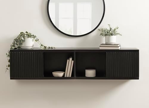 Kate and Laurel Furrow Modern Wooden Sliding Ribbed Door Wall Cabinet; 30 x 10 x 14; Black; Decorative Storage Cabinet with Sliding Door for Use as Floating Nightstand or Floating TV Shelf