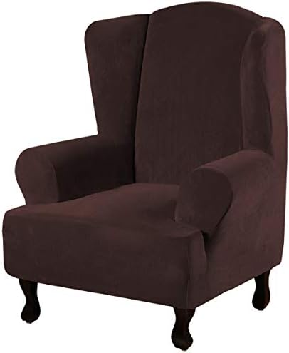 H.VERSAILTEX Wingback Chair Covers Velvet Plush Wing Chair Slipcover 1 Piece High Stretch Wing Back Chair Slipcovers Sofa Cover Furniture Cover with Elastic Bottom, Brown