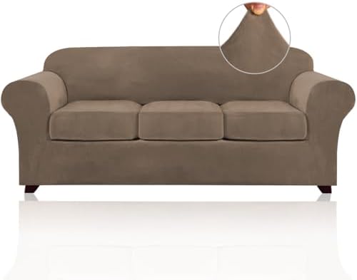 PrinceDeco Velvet Couch Covers for Sofa Soft 4 Pieces Couch Covers for 3 Cushion Couch Sofa Pet Friendly Furniture Protector with Non Slip Elastic Bottom Width Up to 90 Inch (Large, Mocha)