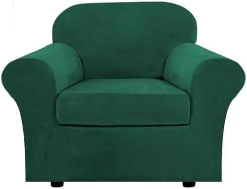 H.VERSAILTEX Rich Velvet Stretch 2 Piece Cover Chair Slipcover Sofa Cover Furniture Protector Couch Soft with Elastic Bottom Chair Couch Cover Width Up to 49 Inch (Chair, Vintage Green)