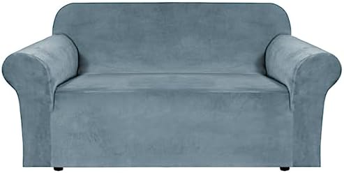 H.VERSAILTEX Stretch Velvet Loveseat Covers for 2 Cushion Couch Covers for Living Room Sofa Covers Slipcovers with Non Slip Straps Bottom, Ultra Thick Comfy Velour (Width 58"-72", Stormy Blue)