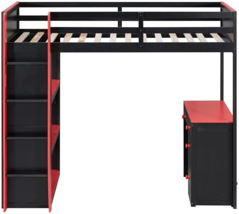 LUMISOL Twin Gaming Loft Bed with Desk and Storage Shelves, Solid Wood Loft Bed with Drawers and Computer Desk for Teens, Space Saving High Loft Bed Frame for Kids Bedroom Red