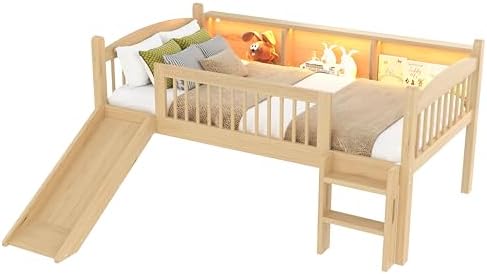 Bellemave Twin Loft Bed with Slide and Ladders, Solid Wood Low Loft Bed with Storage Shelves and LED Lights, Loftbed Frame for Kids, Boys, Girls, Childlike and No Box Spring Needed Design, Natural