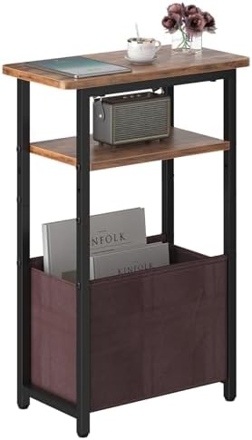 sthmec Narrow Side Table, Skinny End Tables with Fabric Basket, Small Side Tables for Small Space, 2-Tier Open Shelves with Basket, Slim Nightstands for Bedroom,Living Room,Office, Rustic Brown