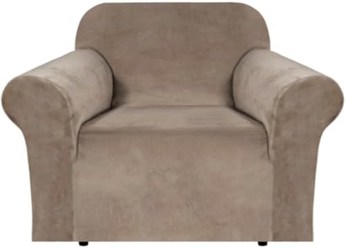 H.VERSAILTEX Stretch Velvet Armchair Cover Couch Covers 1 Cushion Chair Slipcover for Living Room Furniture Cover Crafted from Thick Comfy Rich Velour (Chair 31"-49", Camel)
