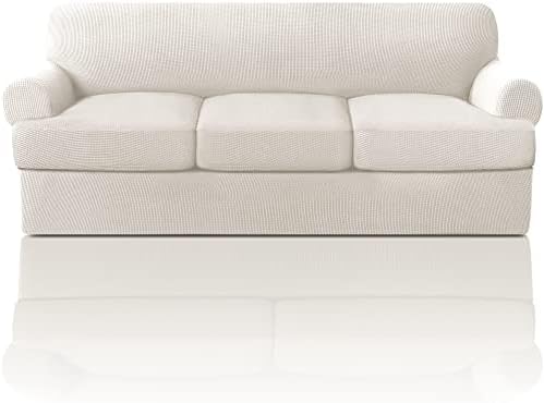 PrinceDeco T Cushion Sofa Slipcover 4 Pieces Sofa Covers for T Cushion Couch Soft Sofa Slip Covers Furniture Protector with 3 Individual T Shape Seat Covers (70"-88") Washable, Ivory