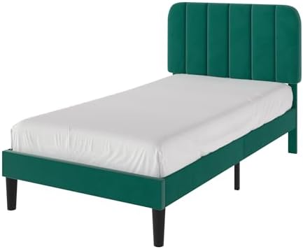 VECELO Twin Size Bed Frame with Upholstered Headboard, Velvet Platform Bedframe Mattress Foundation, Strong Wood Slat Support, No Box Spring Needed,Green