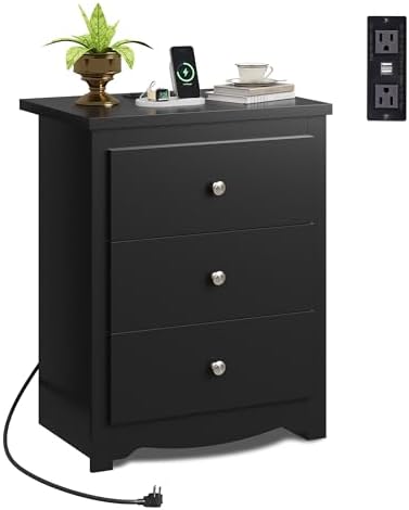 WLIVE Tall Nightstand with Charging Station, Wood Bedside Table, Black