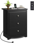 WLIVE Tall Nightstand with Charging Station, Wood Bedside Table, Black