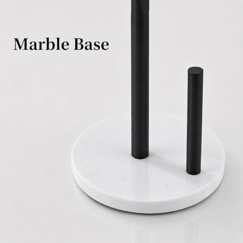 Matte Black Paper Towel Holder for Kitchen Countertop, 304 Stainless Steel Roll Dispenser with White Engineered Marble Weighted Base, Freestanding Paper Towel Stand for Standard Rolls