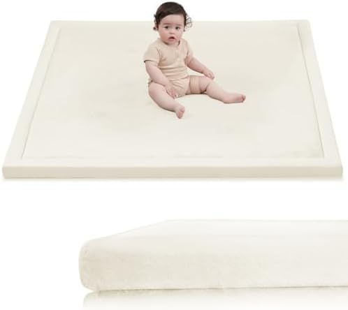 Huloo Sleep Ultra Soft Baby Play Mat for Floor, 1.3" Thick Elasti-Foam 59x59 Play Mat for Playpen,Water-Repellent Coral Velvet for Tummy Time, Non-Slip Backing,Safe for Toddlers & Infants（Cream）