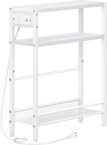 HOOBRO Small Narrow Side Table with Charging Station, Skinny End Table for Small Spaces, Slim Nightstand with USB Ports Outlet, Sofa Beside Table with Storage Shelf, White WT102UBZ01