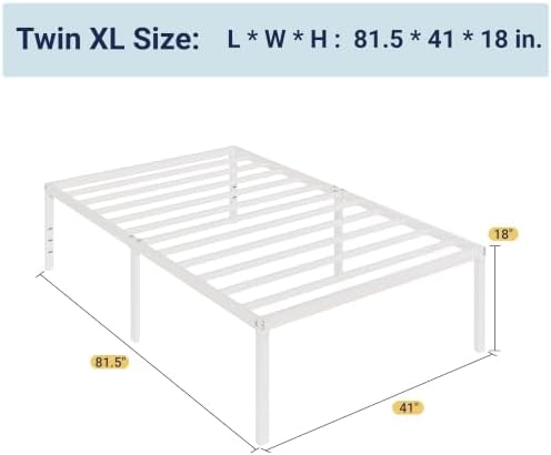 Allewie Twin XL Bed Frame, 18 Inch Metal Beds with Storage Space, White