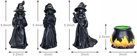 Halloween Witch Figurine Set with Glowing Cauldron – 4PCS Resin Halloween Decorations for Tabletop Mantel Tiered Tray Indoor Haunted House Spooky Witch Statues, Mini Figurines Gothic Home Decor