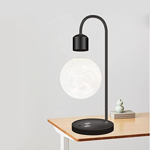 Unique Modern Levitating Lamp with Floating Light and Built-in Qi Wireless Charger, Simplistic and Innovative Design, Warm Decorative Night Light (Black Moon)