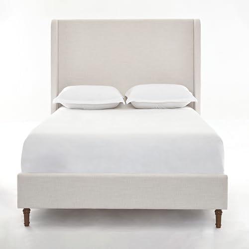 54" Tall Headboard California King Upholstered Platform Bed Frame with Wingback, Modern Tufted Fabric Bed with Solid Wood Legs, No Box Spring Needed, Textured Ivory Canvas