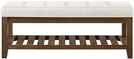 24KF Large Rectangular Upholstered Tufted Linen Ottoman Bench, Padded Bench with Solid Wood Shelf-Ivory