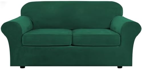 H.VERSAILTEX Real Velvet Plush 3 Piece Stretch Sofa Covers Couch Covers for 2 Cushion Couch Sofa Slipcovers Width Up to 90 Inch Feature Thick Soft Stay in Place (Large Sofa, Vintage Green)