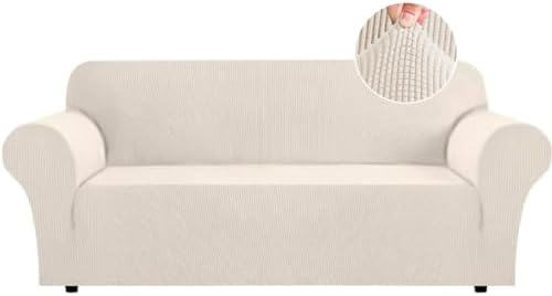 Flamingo P High Stretch Sofa Slipcover Non Slip Couch Cover for 3 Cushion Couch Washable Pet Furniture Protector Covers with Elastic Bottom, Thick Jacquard Fabric (Large, Biscotti Beige)