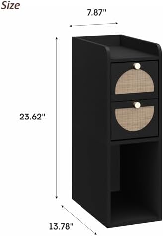 Narrow Nightstand (Rattan & Wood) - Small Bedside Table with 2 Drawers, Open Shelf, Mid Century Modern End Table - for Bedroom, Living Room & Small Spaces, Black