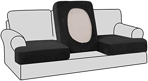 H.VERSAILTEX Stretch Velvet 3 Piece T Cushion Sofa Slipcovers - Individually Fitted Cushion Covers for 3 Cushion Couch - Stay in Place (Black)