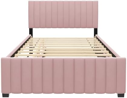 Bellemave Full Bed Frame with Trundle Bed,Velvet Upholstered Platform Bed Frame,Full Size Trundle Bed with Headboard for Kids Teens Adults(Pink)