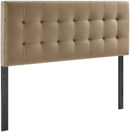Modway Lily Performance Velvet Full Size Headboard with Biscuit Tufting in Taupe - Stain-Resistant Upholstery with Padded Design and 5 Height-Adjustable Mounts
