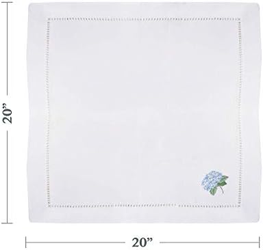 Handmade Blue Hydrangea Embroidery Napkin with Hemstitched Border (Set of 6)