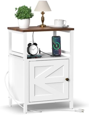 Bedside Table with Charging Station Side Table for Small Spaces White