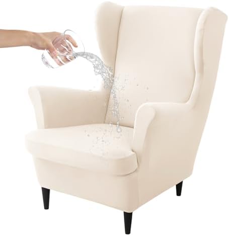 HAOYONG Wing Chair Slipcovers Waterproof Spandex Wingback Chair Covers 2 Pieces Wingback Armchair Slipcover Stretch Chair Slip Covers Washable Armchair Protector Cover for Living Room Bedroom - Beige