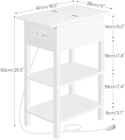 HOOBRO End Table with Charging Station, Flip Top Side Table with USB Ports, Narrow Nightstand Bedside Tables with Storage Shelves, for Small Space, Living Room, White WT141UBZ01
