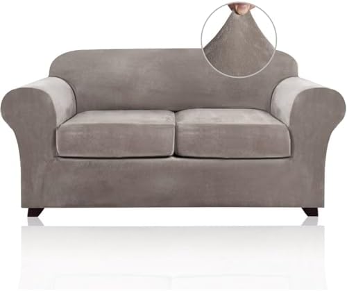 PrinceDeco Velvet Couch Cover Loveseat Covers for 2 Cushion Couch 3 Piece Sofa Covers for Dogs Washable Loveseat Covers Width Up to 72 Inch No Slip Stretch Sofa Slipcover(Medium, Taupe)