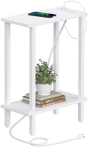 TUTOTAK Narrow Side Table, 2-Tier Small End Table with Charging Station