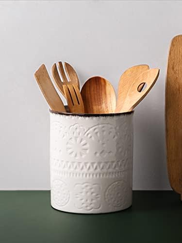 DOWAN 7.2" Kitchen Utensil Holder, Extra Large Farmhouse Utensil Holders for Countertop, Ceramic Utensil Crock, Anti Slip Cork Bottom